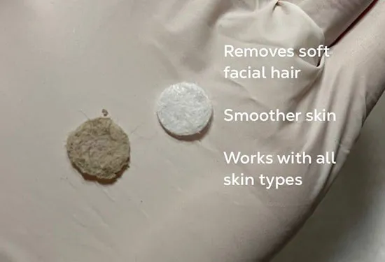 Used and clean cotton pads beside notes about smoother skin and facial hair