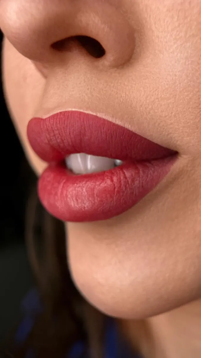 Close-up of finished red lip color