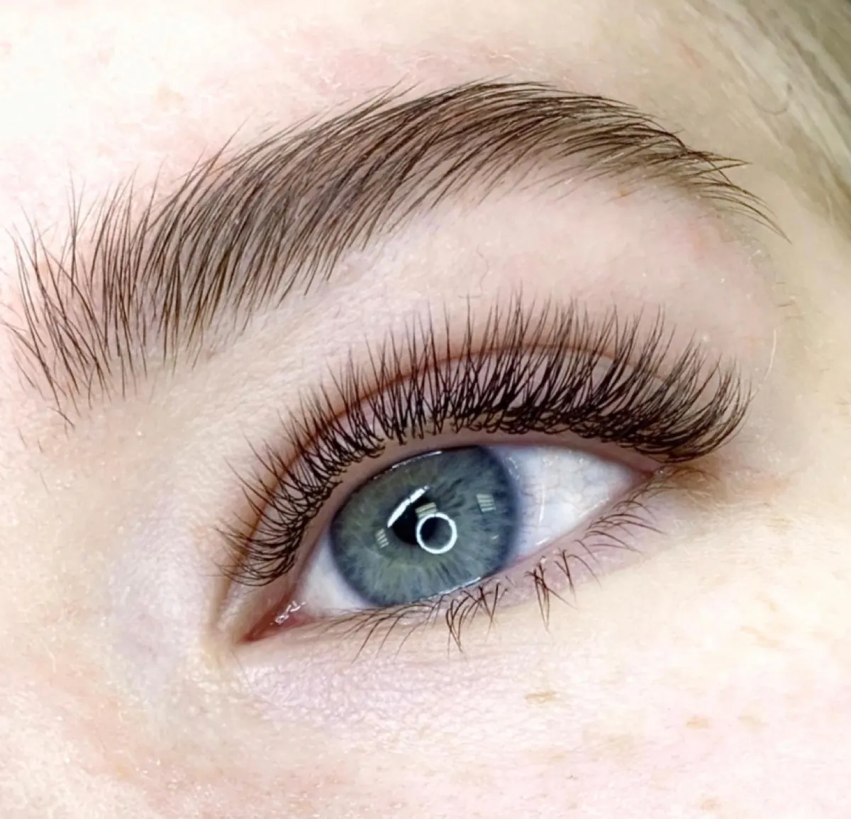 Close-up of curled eyelashes and a shaped eyebrow