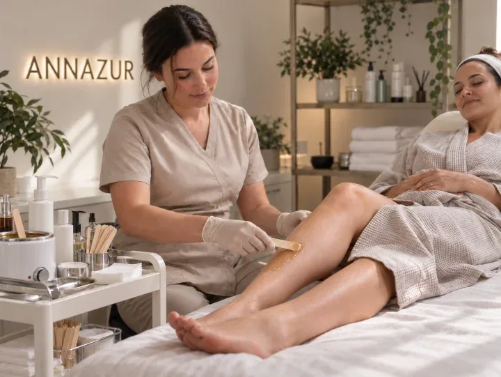 Esthetician at ANNAZUR applying wax to a client's leg in the treatment room
