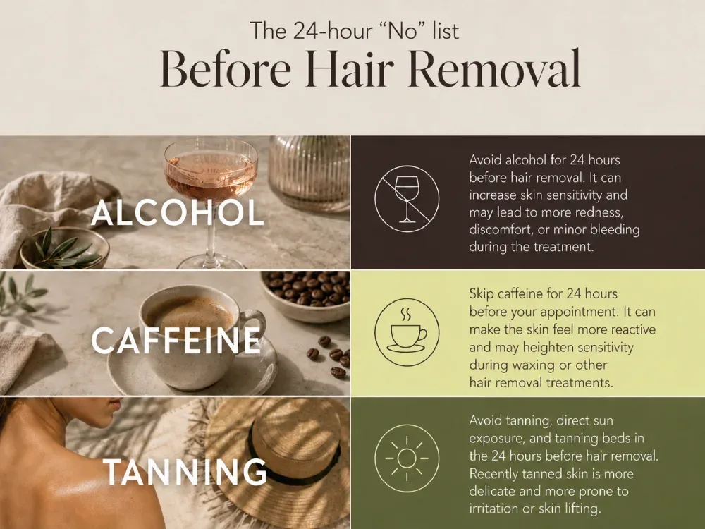Alcohol, coffee, and tanning items shown as things to avoid 24 hours before waxing to reduce sensitivity and irritation