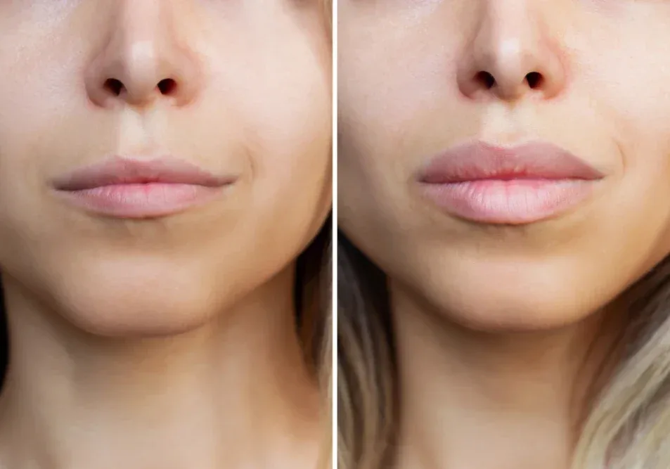 A before-and-after comparison showing how lip fillers add significant volume and make thin lips look plumper, which is the main goal.