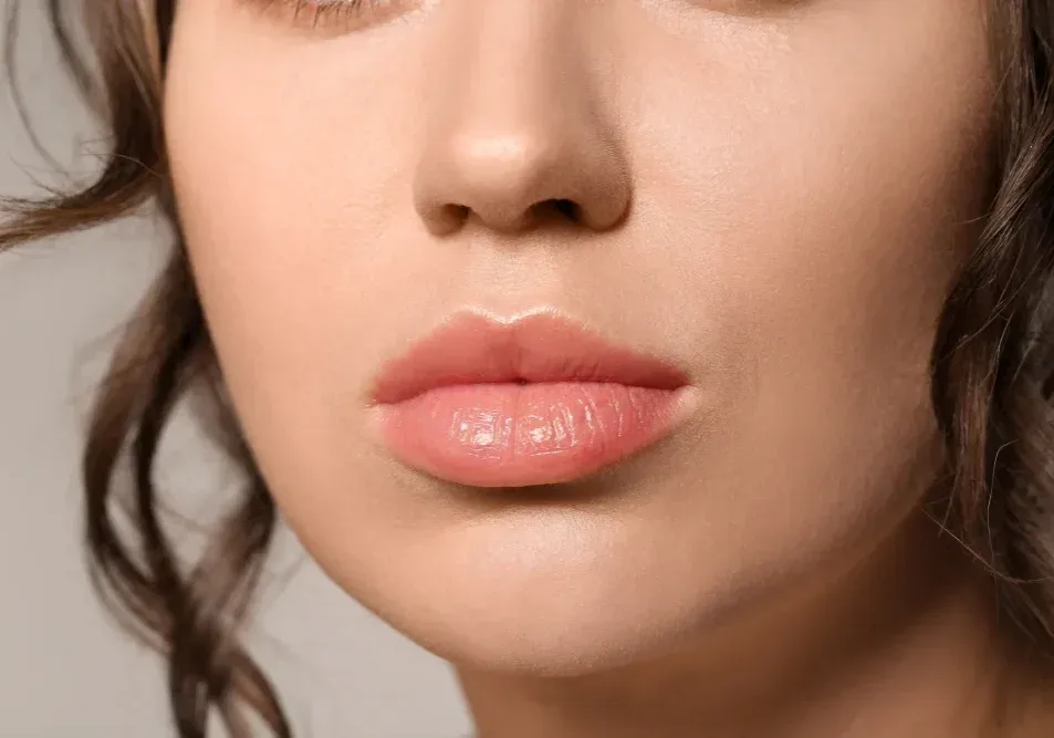 Client shows natural lip color emerging through transparent skin during permanent makeup healing weeks