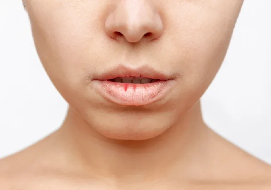 Client displays natural crust formation on lips during dry healing aftercare method without ointments