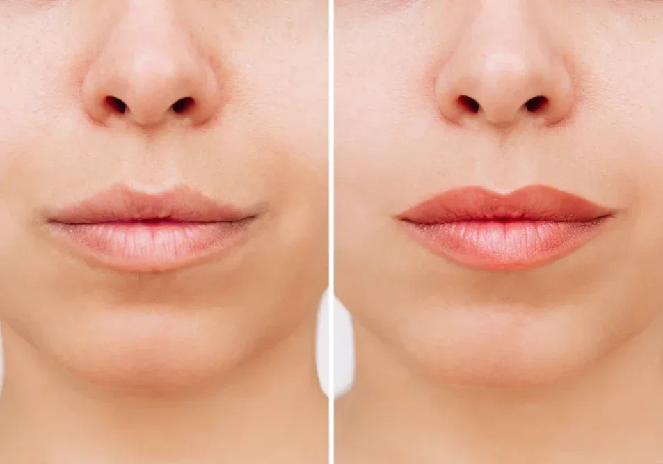 Client displays natural lip color development from pale healing phase to beautiful final results
