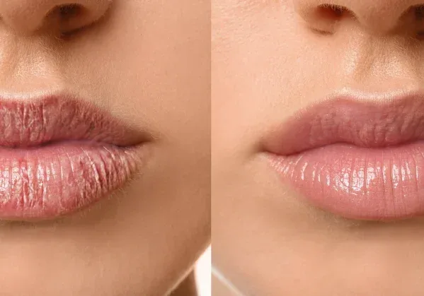 Client's lips display active peeling with thin film formation during third healing stage recovery
