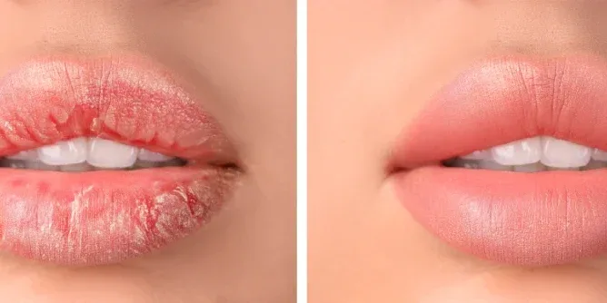 Client's lips show peeling and color fading during second healing stage of permanent makeup recovery