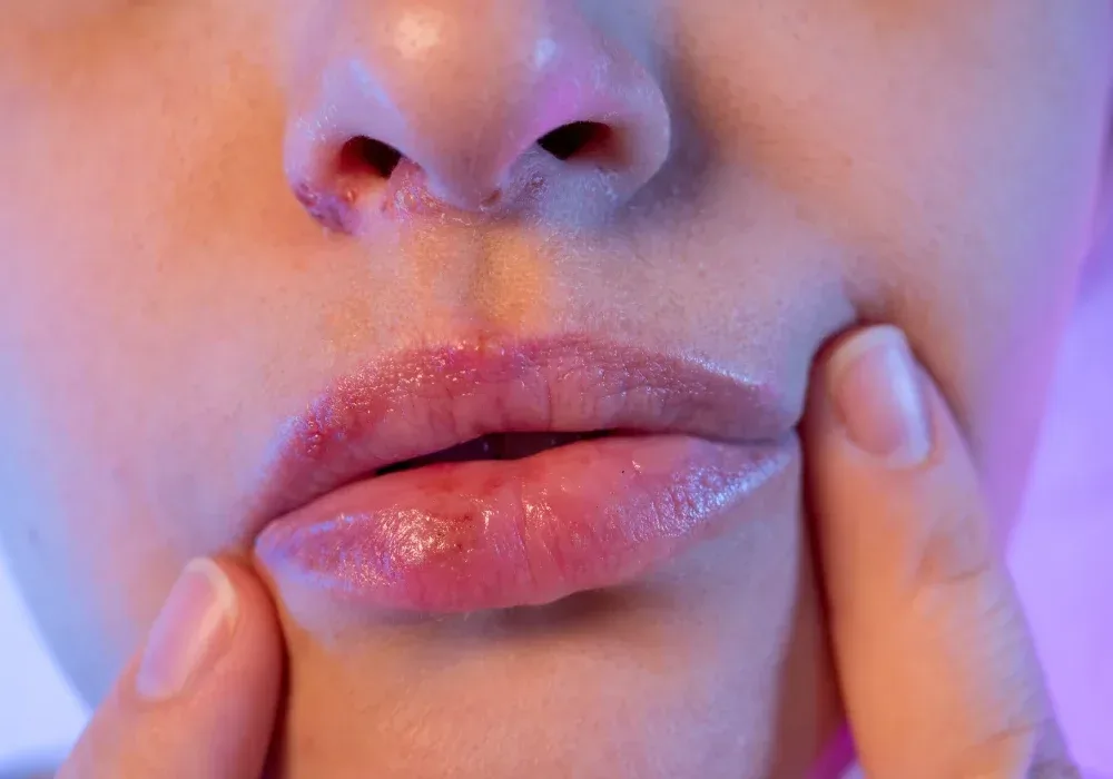 Client touches pale lips during ghost phase when permanent makeup color temporarily disappears