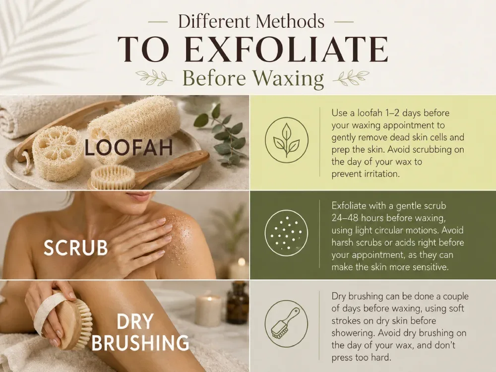 Gentle exfoliation products used 24 to 48 hours before waxing to remove dead skin cells and prepare skin safely
