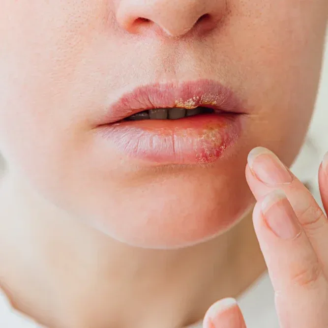 Hand points to herpes blister cluster showing difference from normal lip tattoo healing process