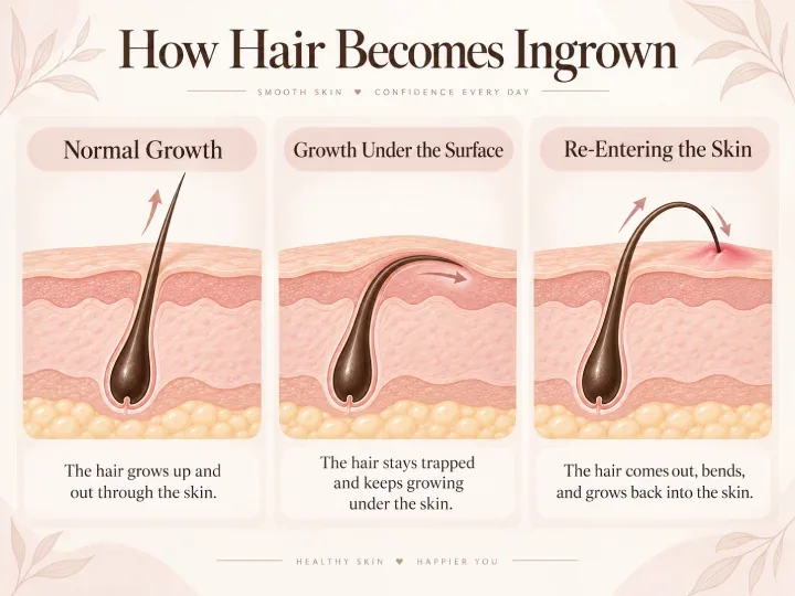 Diagram of how hair becomes ingrown: normal growth, growth under the skin, and re-entering it