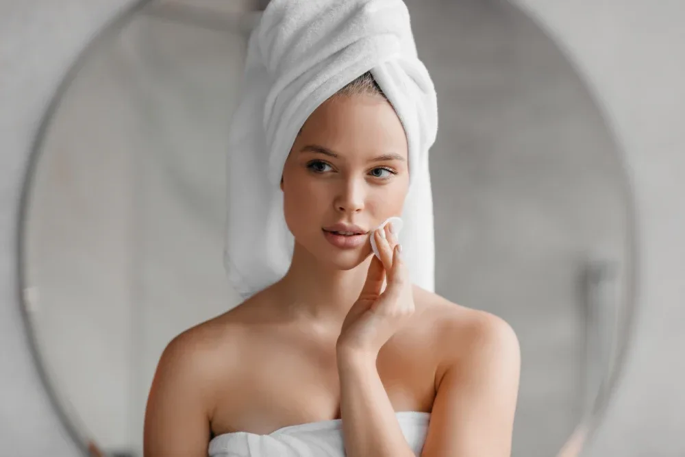 A woman with her hair in a towel cleans her face, demonstrating how to prepare for a lash extension consultation.