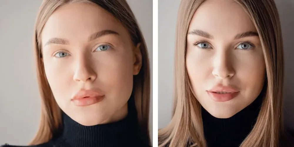 A side-by-side comparison of a woman's face before and after getting professional eyelash extensions.