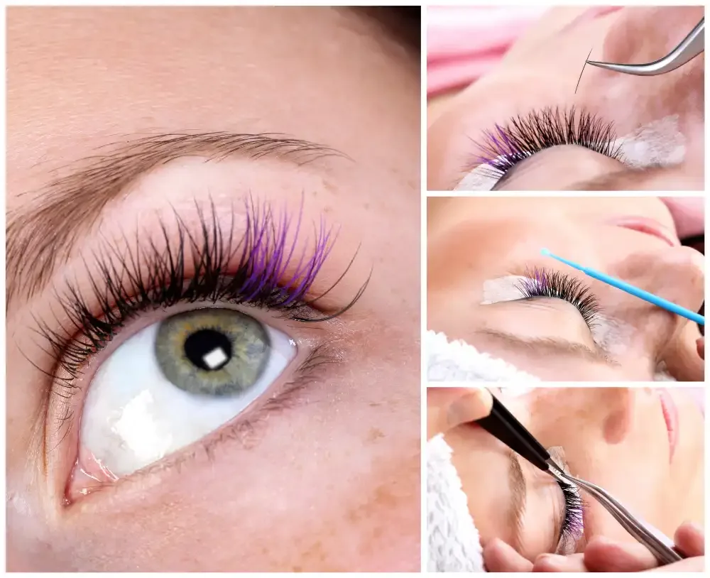 A collage showing eyelash extensions, representing questions to ask a technician about the materials and products they use.