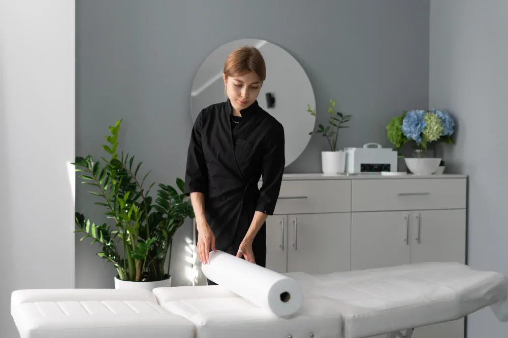 A technician prepares a hygienic treatment bed, an important criterion for evaluating a professional's standards.