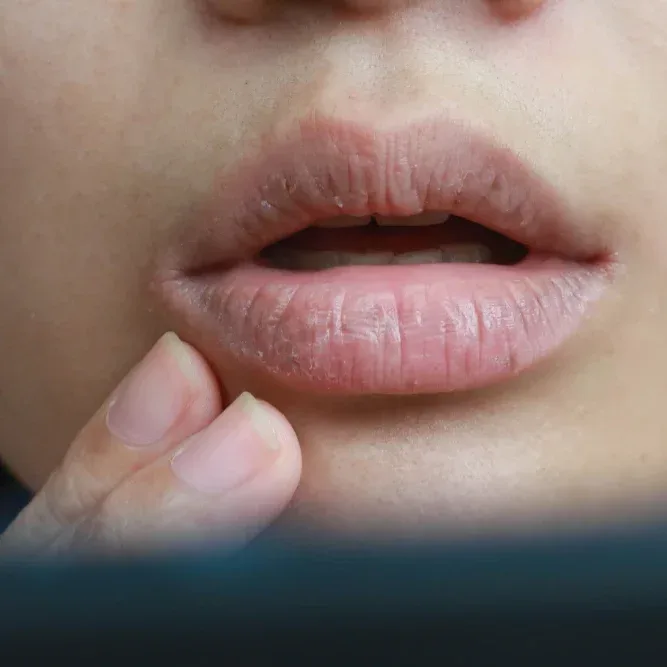 A close-up of dry, healing lips, illustrating the extended recovery period that is necessary for dark lip neutralization.