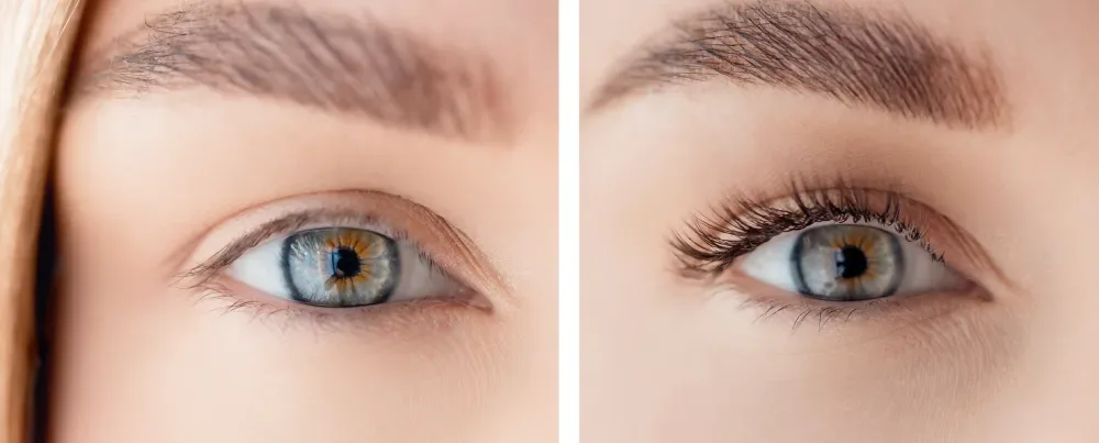 A side-by-side comparison showing how classic eyelash extensions provide a subtle yet enhanced natural look.