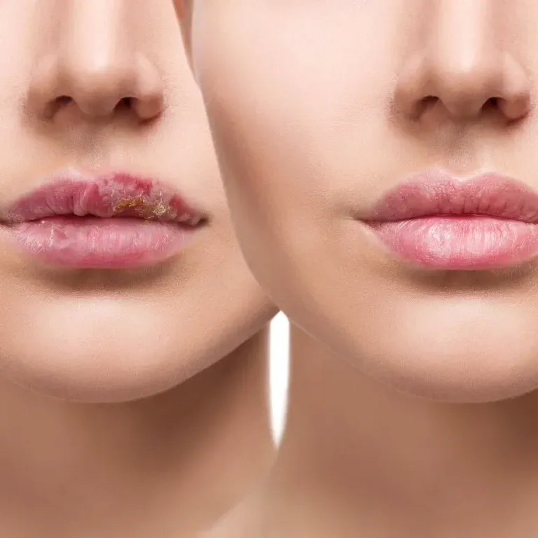 Comparison shows infected lip with yellow crusts versus normal healthy healing without discharge