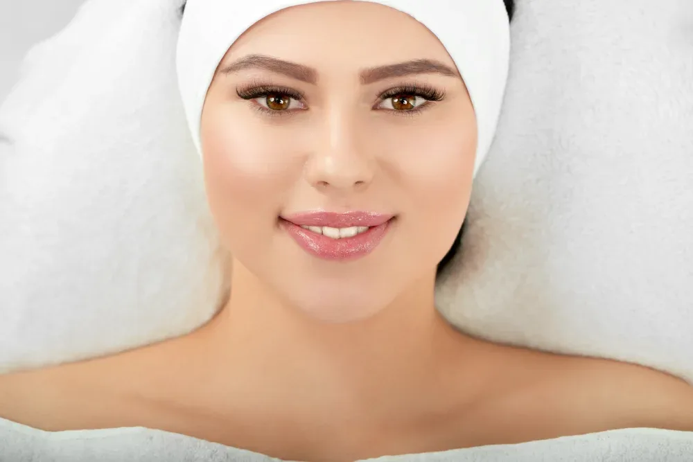 A relaxed woman with a headband smiles, demonstrating the comfortable and painless experience of a professional lash procedure.