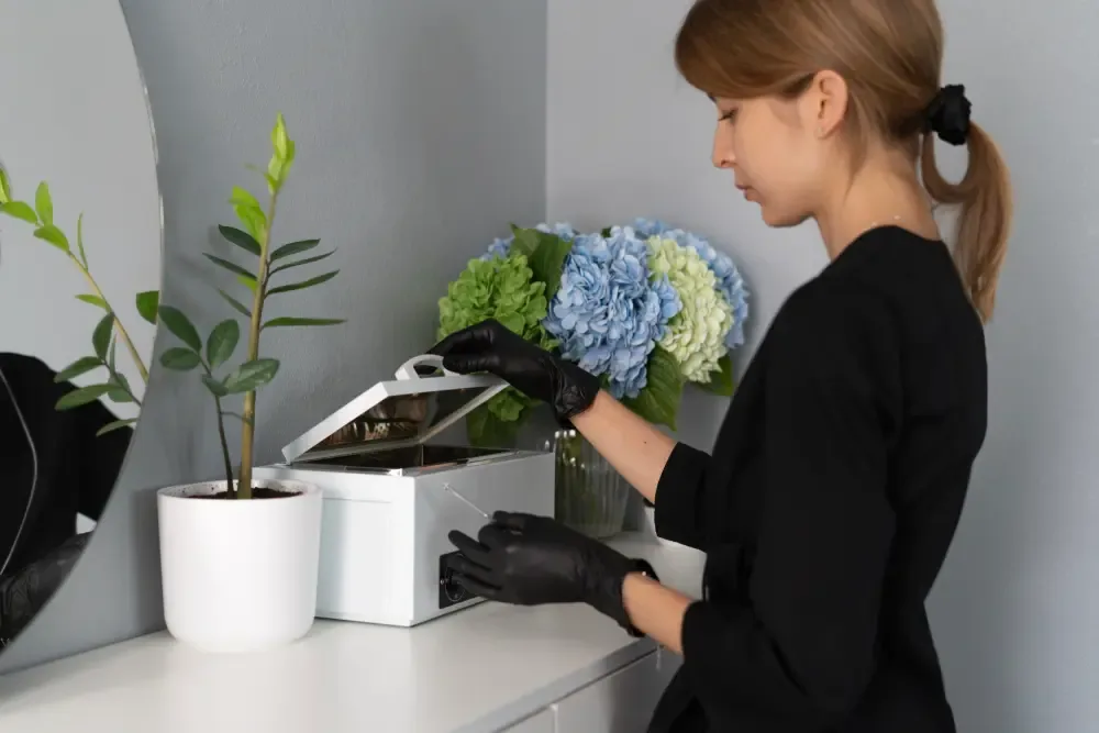 A lash technician places tools into a sterilizer, demonstrating a critical safety and hygiene practice in the salon.