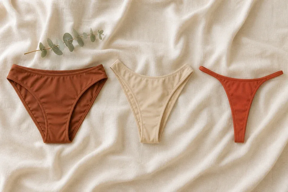 Three swimwear styles laid out side by side to illustrate bikini line, French bikini, and full Brazilian coverage levels