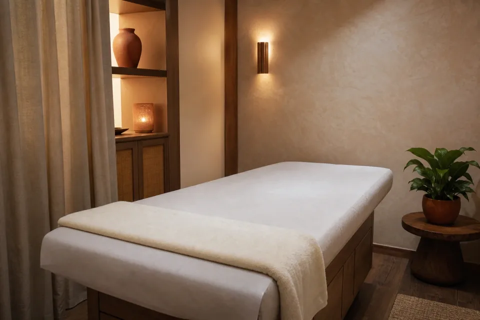 Private ANNAZUR treatment room prepared with a drape, folded towels, and soft lighting for an intimate waxing appointment
