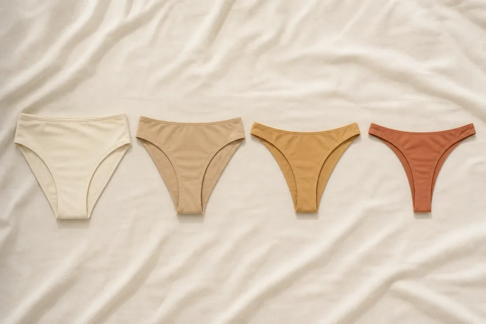 Flat lay of four bikini bottom styles arranged to match Brazilian shape options from full Hollywood to landing strip and triangle