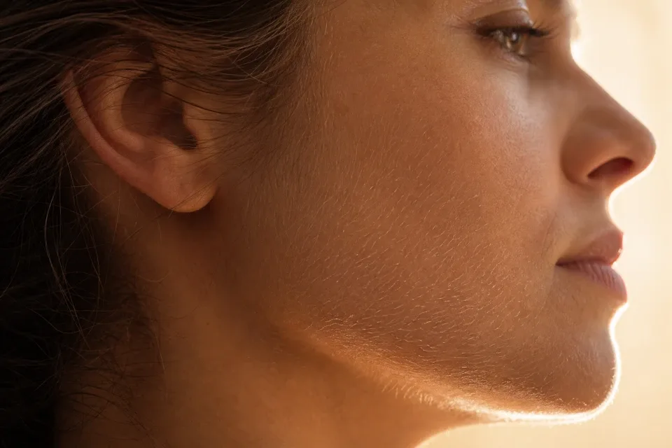 Backlit macro showing fine peach fuzz across a woman's cheek and jawline