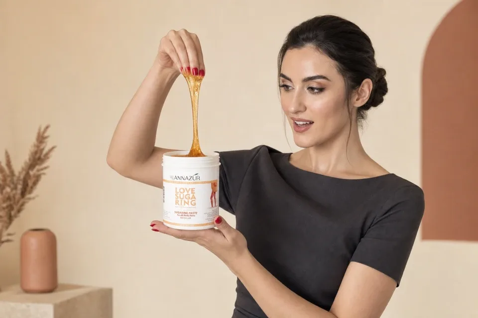 Ruzanna lifting elastic amber sugaring paste from an open ANNAZUR Love Sugaring jar
