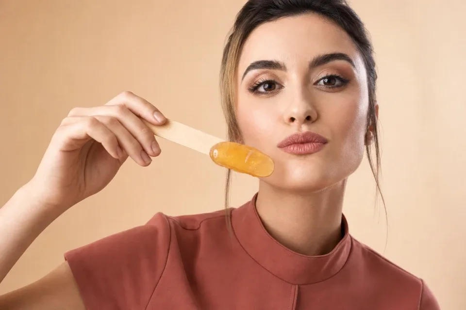 Ruzanna presenting amber sugaring paste beside the chin and upper-lip treatment area